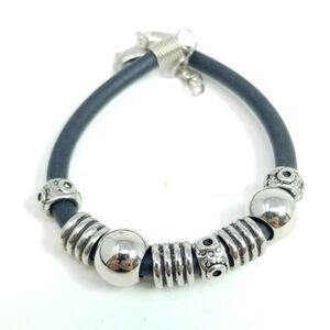 Vintage Silver Tone Beaded Black Cord Bracelet, Minimal Unisex Design, Estate